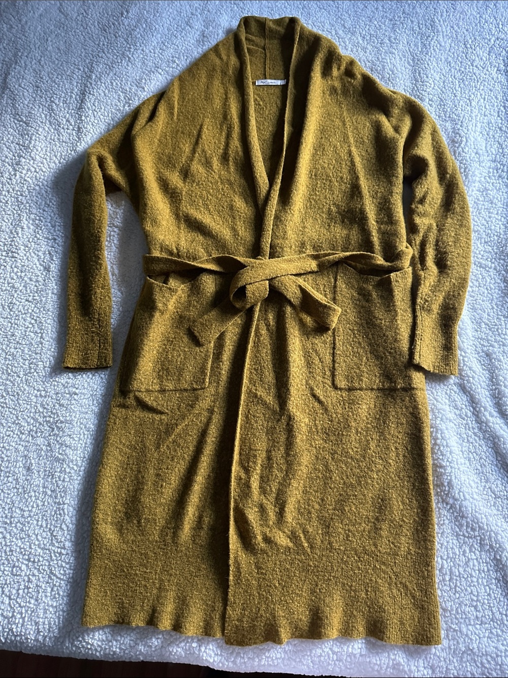Mes Demoiselles Mustard Long Belted Shawl-Collar Cardigan